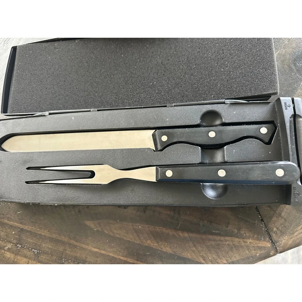 Pampered Chef 2 Piece Carving Set Stainless Steel Knife Fork Built‎ In Sharpener